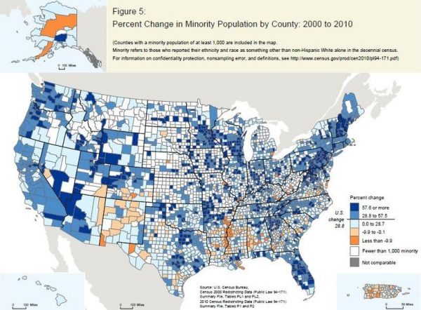 Image shows a color-coded map of the United States divided into counties. Each county's color is determined by the percent change in minority population by county from 2000 to 2010. The coasts look darker blue meaning there is more change. 