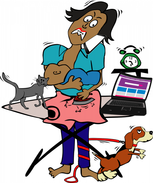 Shows a multitasking woman, breastfeeding a baby, ironing clothes, with pets in the way, and a laptop open and next to her. 