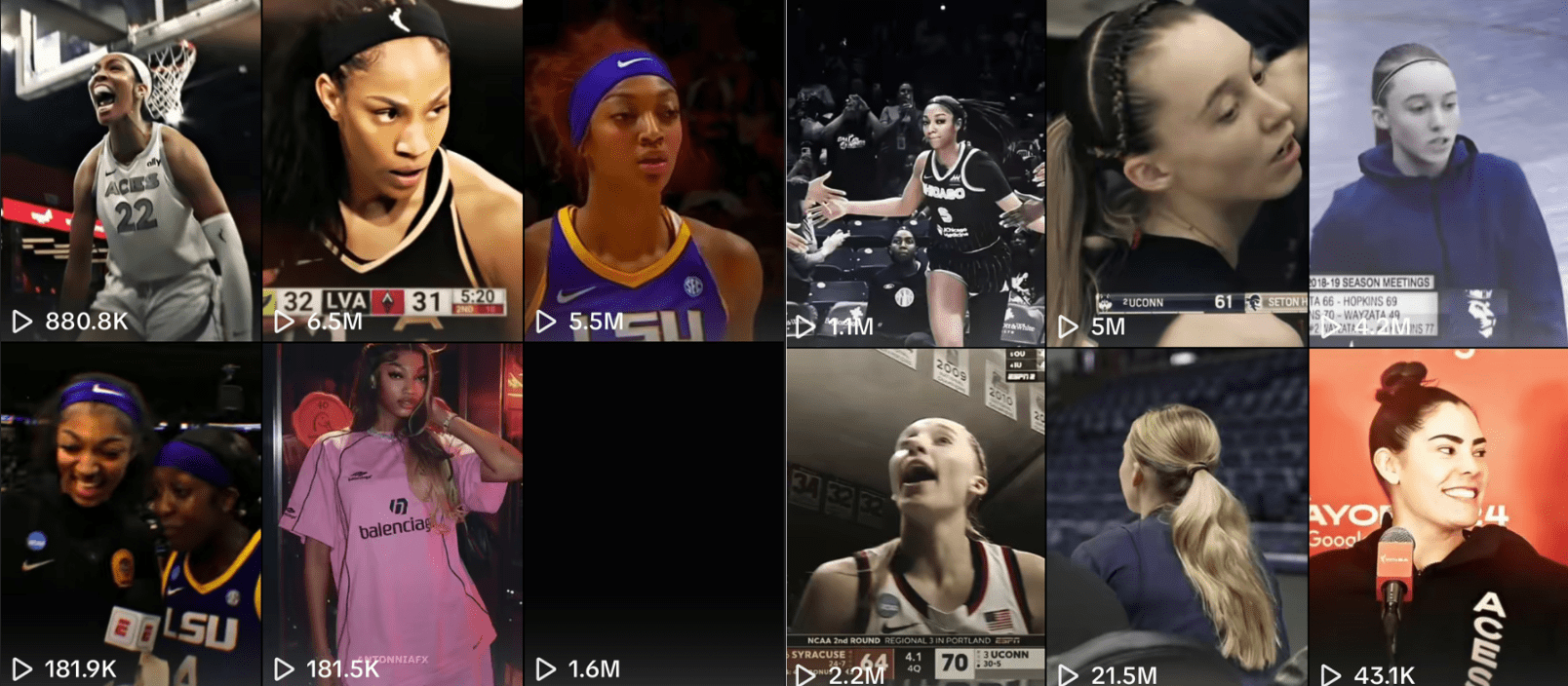 A collage of 12 TikTok video thumbnails featuring women's basketball players, with view counts displayed on each. The thumbnails show players from various teams including the Las Vegas Aces, LSU, and UConn in action or during interviews. Some frames feature players celebrating or interacting with media. View counts range from 43.1K to 21.5M views. The visuals highlight a mix of gameplay intensity, candid moments, and off-court fashion.